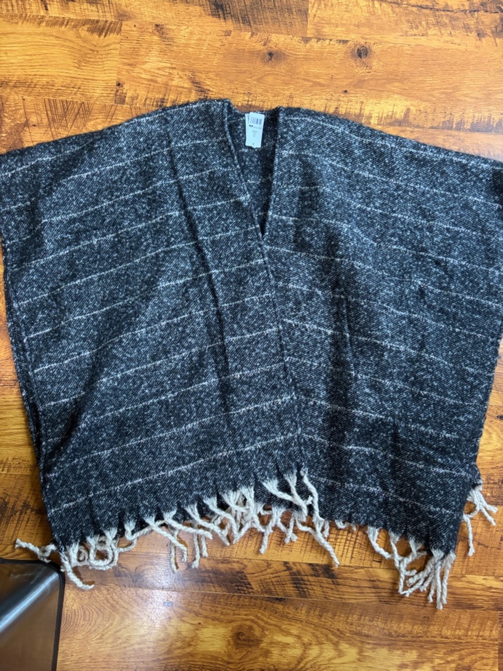 Woolrich Black and Gray Striped Knit Poncho with Fringe